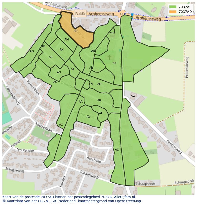Afbeelding van het postcodegebied 7037 AD op de kaart.