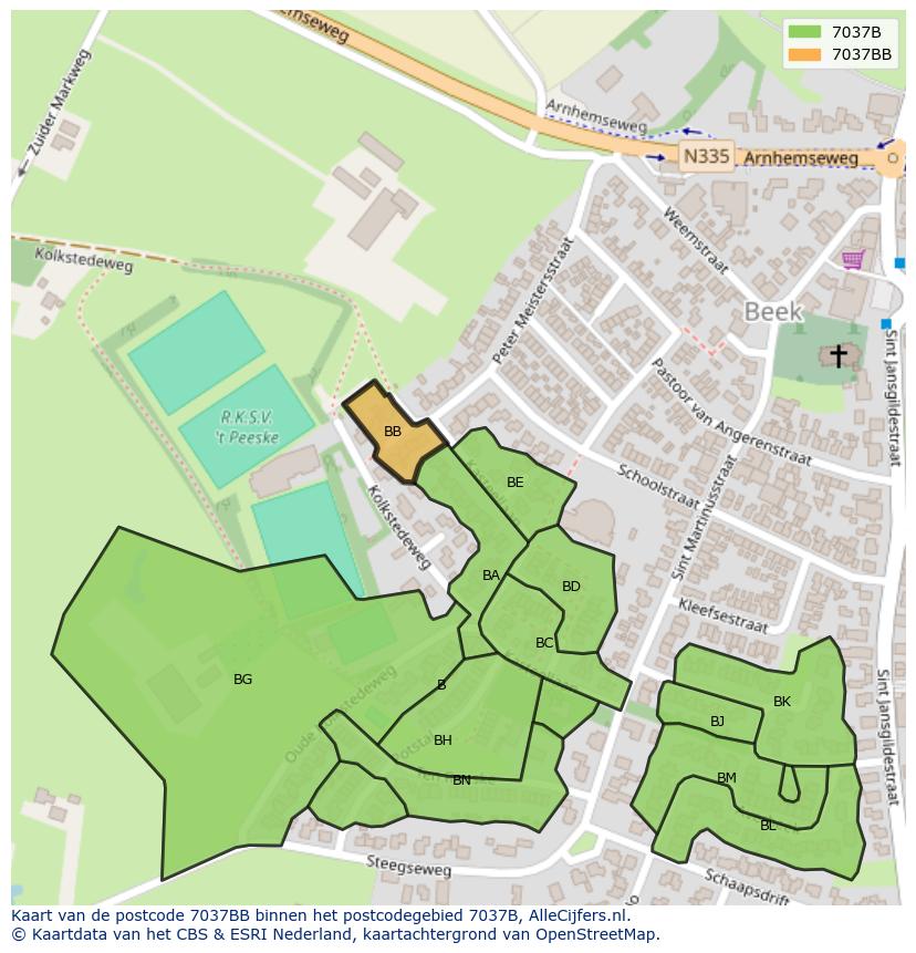 Afbeelding van het postcodegebied 7037 BB op de kaart.