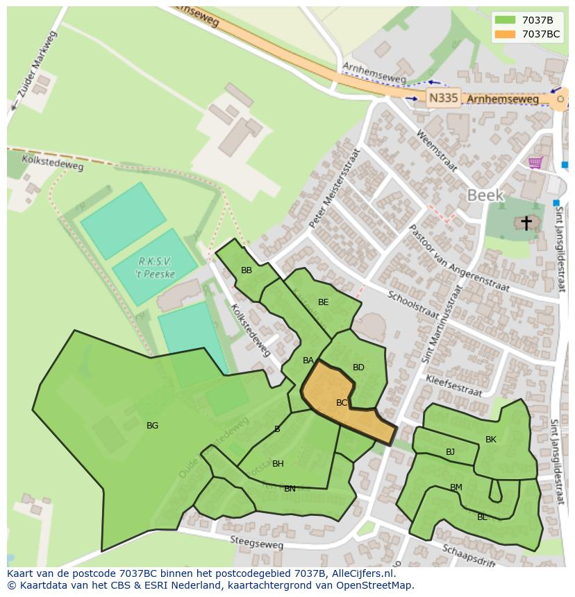 Afbeelding van het postcodegebied 7037 BC op de kaart.