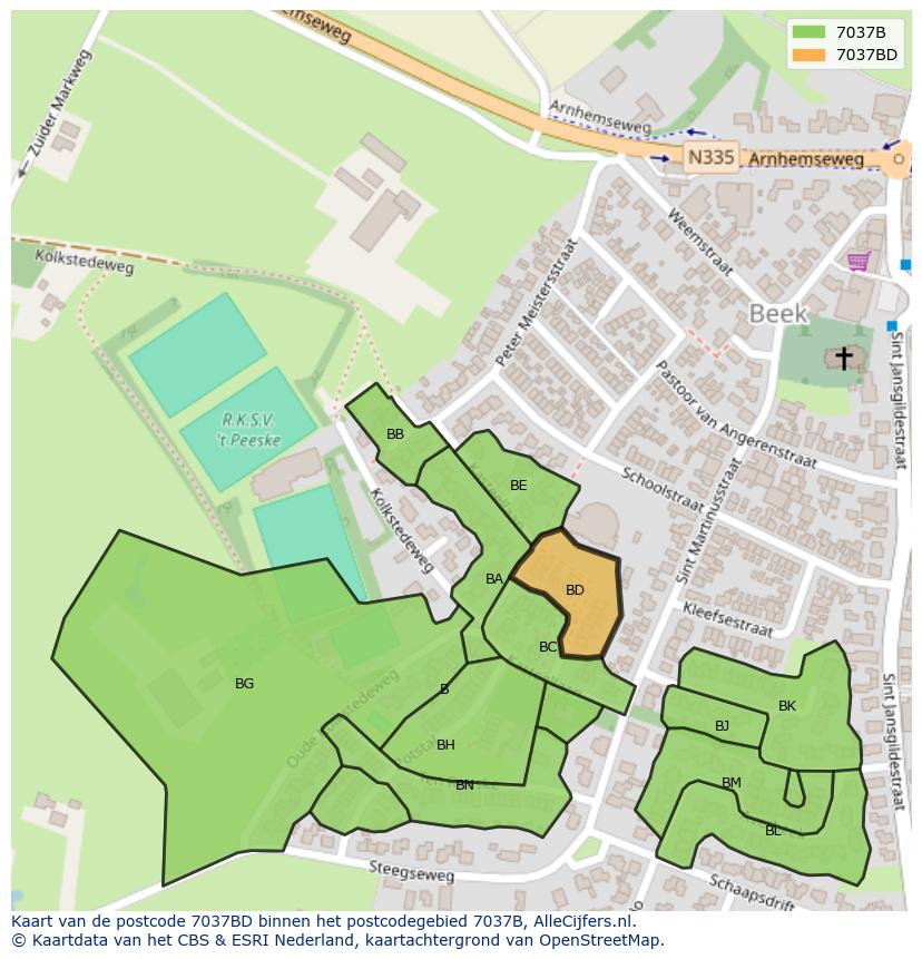 Afbeelding van het postcodegebied 7037 BD op de kaart.