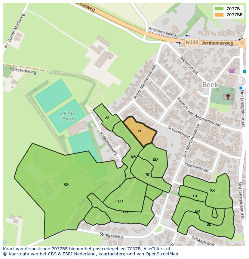 Afbeelding van het postcodegebied 7037 BE op de kaart.