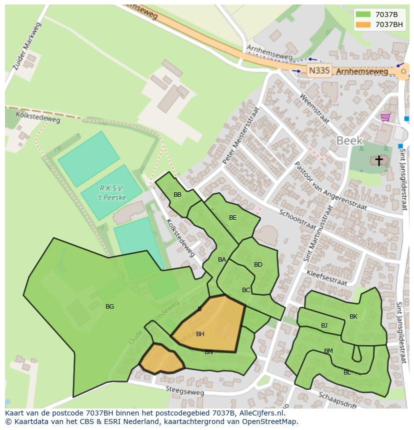 Afbeelding van het postcodegebied 7037 BH op de kaart.