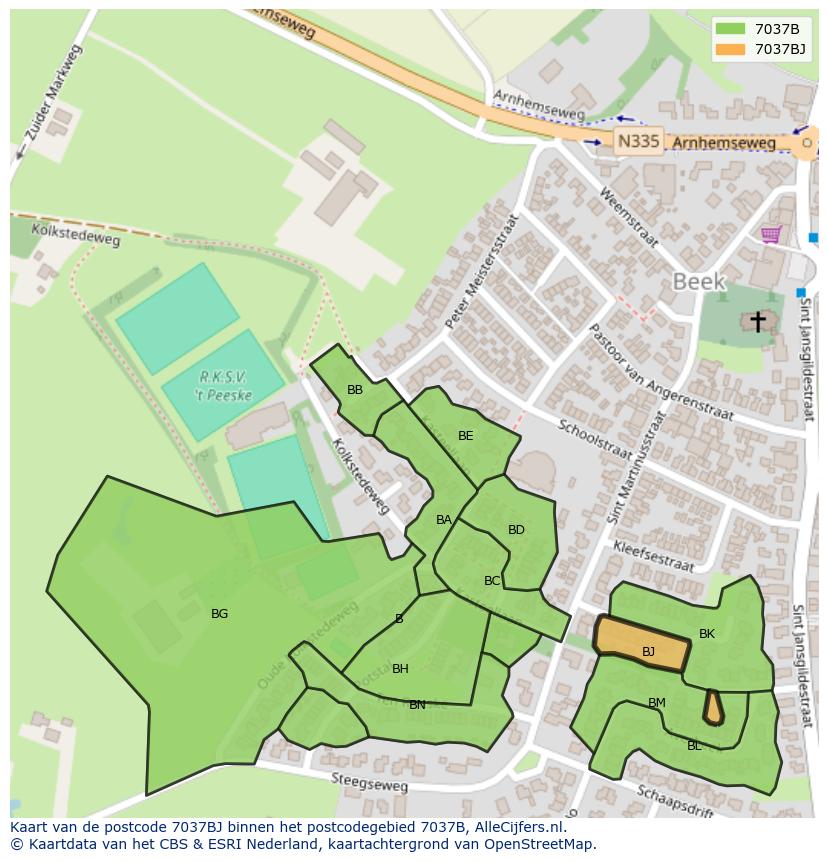 Afbeelding van het postcodegebied 7037 BJ op de kaart.