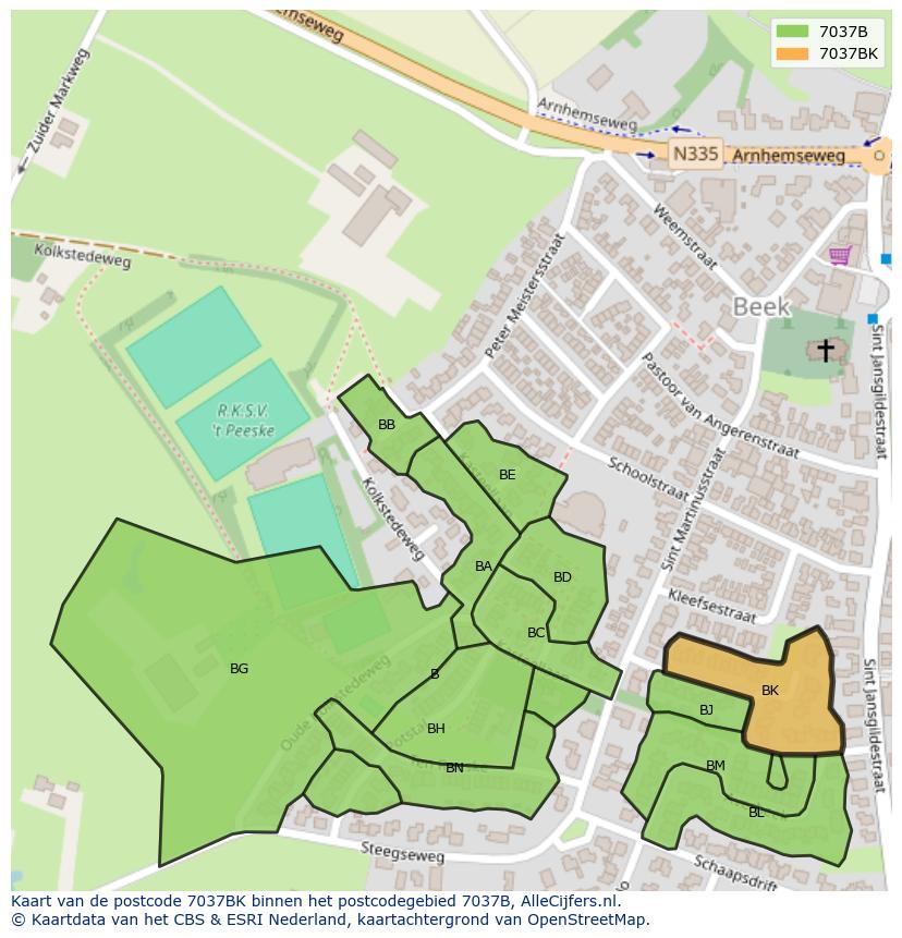 Afbeelding van het postcodegebied 7037 BK op de kaart.