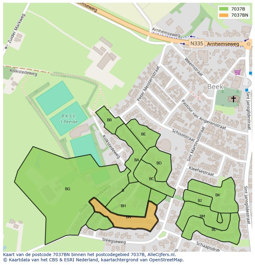 Afbeelding van het postcodegebied 7037 BN op de kaart.