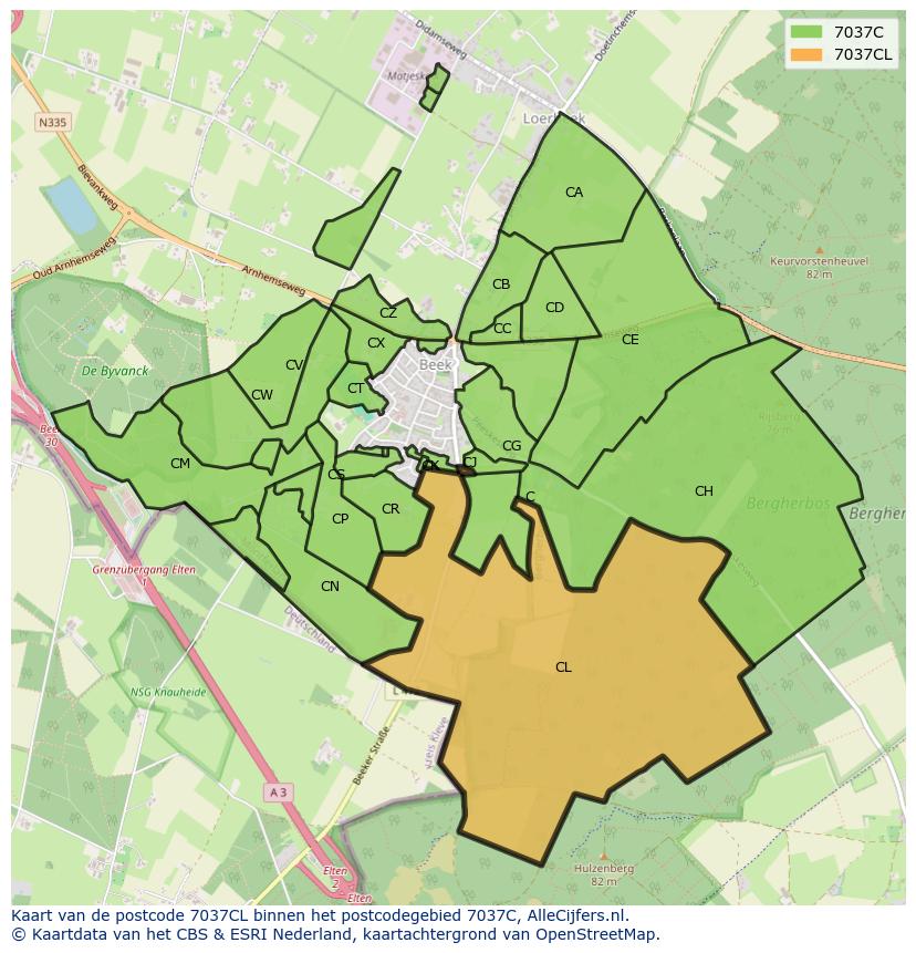 Afbeelding van het postcodegebied 7037 CL op de kaart.