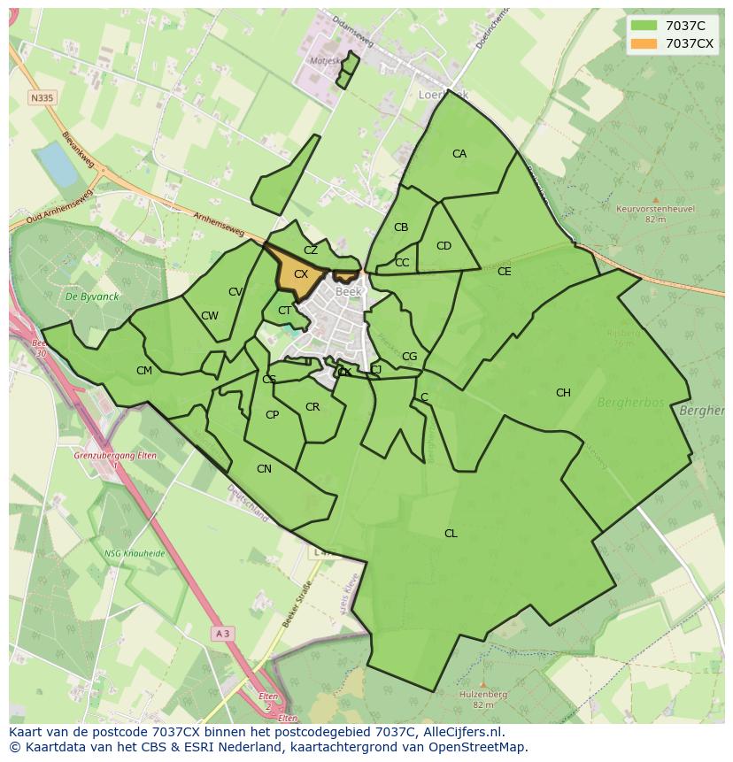 Afbeelding van het postcodegebied 7037 CX op de kaart.