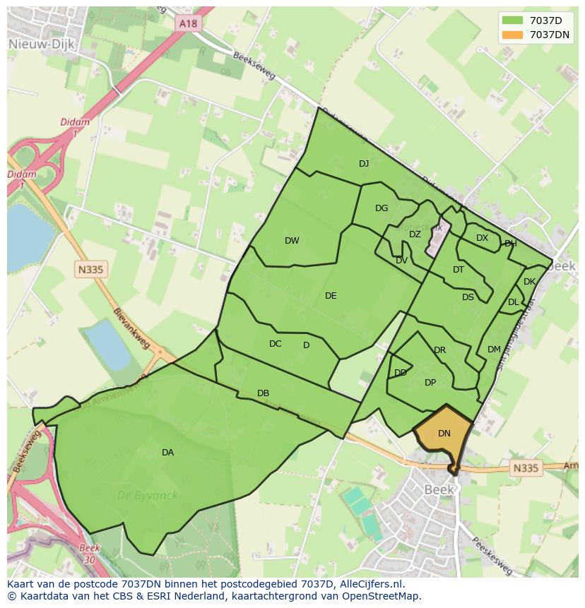Afbeelding van het postcodegebied 7037 DN op de kaart.