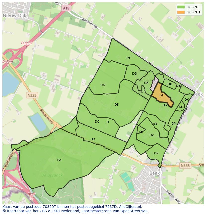 Afbeelding van het postcodegebied 7037 DT op de kaart.