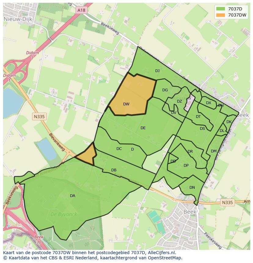 Afbeelding van het postcodegebied 7037 DW op de kaart.