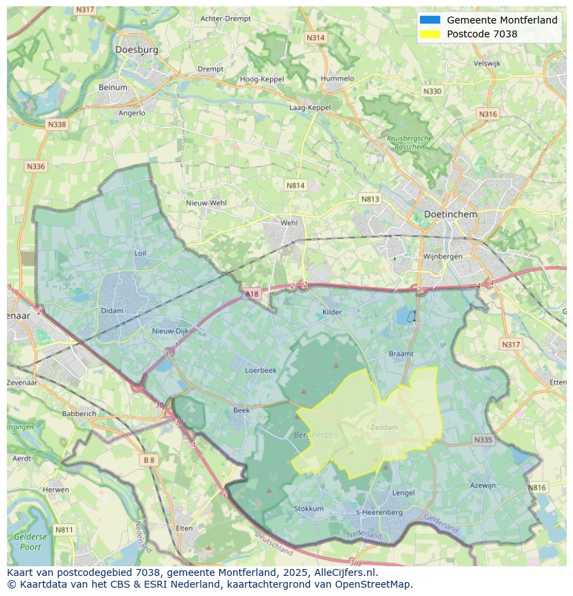 Afbeelding van het postcodegebied 7038 op de kaart.