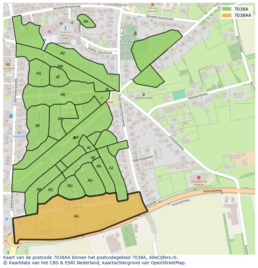 Afbeelding van het postcodegebied 7038 AA op de kaart.