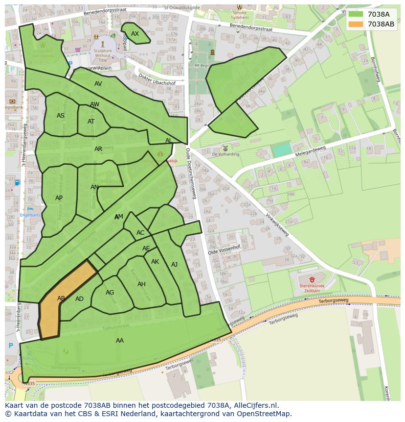 Afbeelding van het postcodegebied 7038 AB op de kaart.