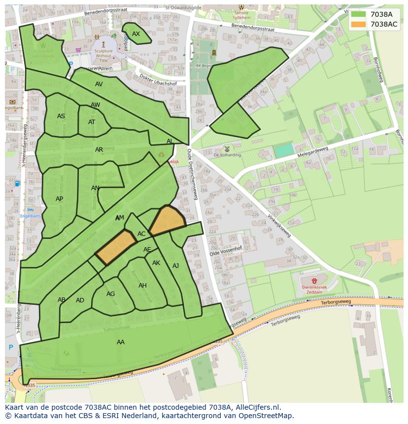 Afbeelding van het postcodegebied 7038 AC op de kaart.