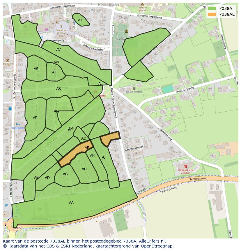 Afbeelding van het postcodegebied 7038 AE op de kaart.