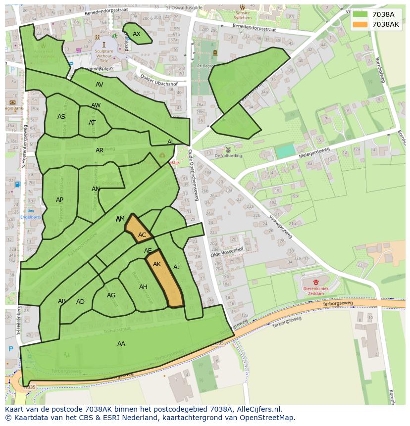 Afbeelding van het postcodegebied 7038 AK op de kaart.
