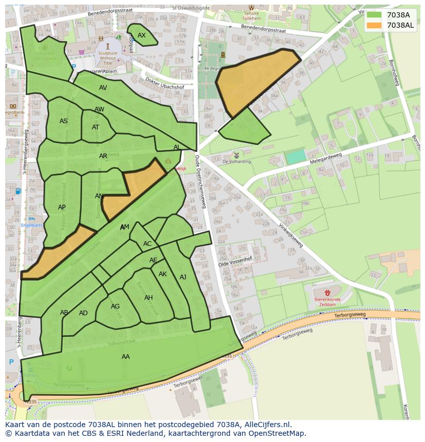 Afbeelding van het postcodegebied 7038 AL op de kaart.