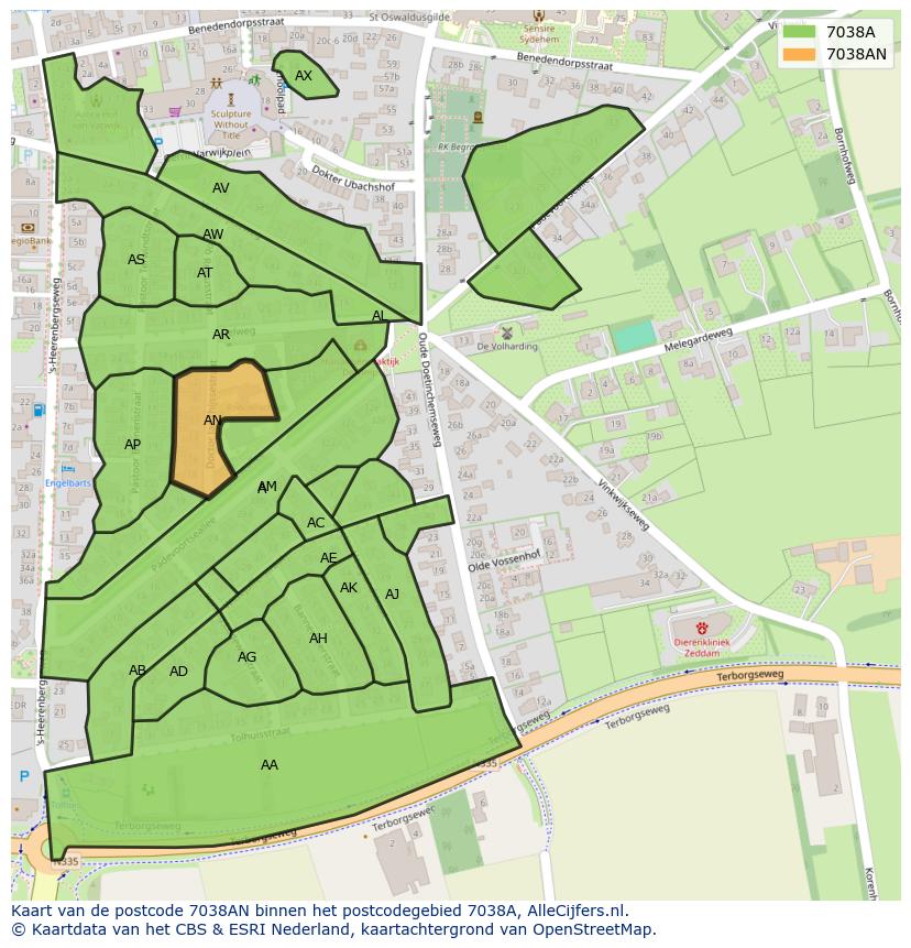 Afbeelding van het postcodegebied 7038 AN op de kaart.
