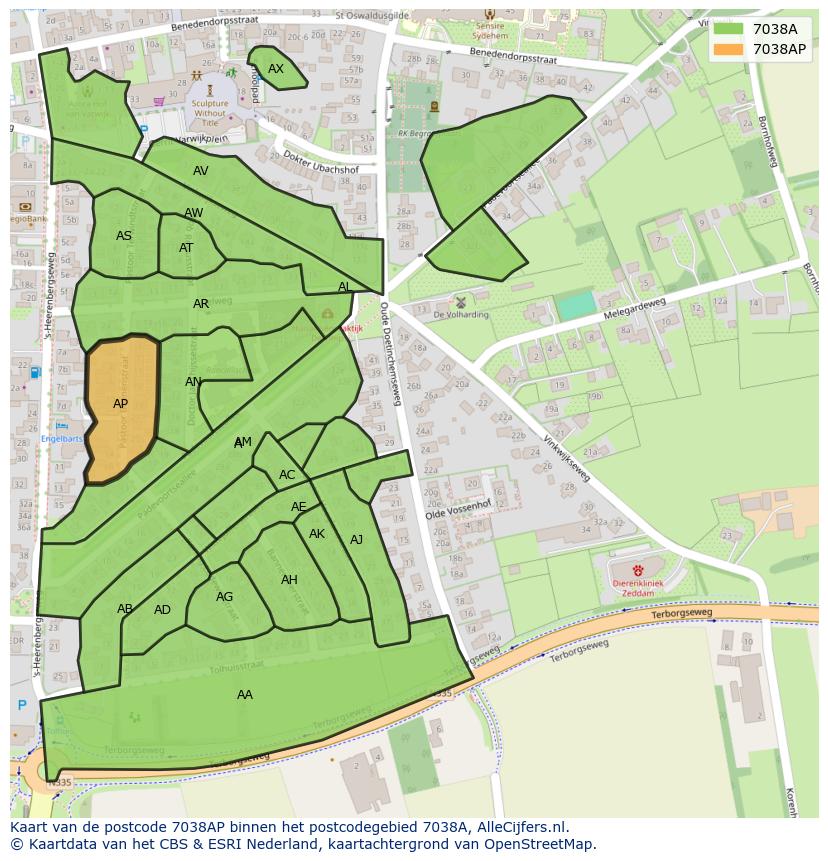 Afbeelding van het postcodegebied 7038 AP op de kaart.