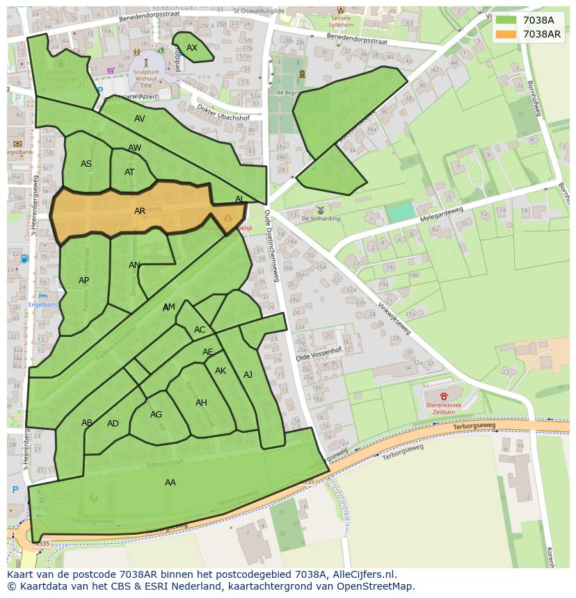 Afbeelding van het postcodegebied 7038 AR op de kaart.