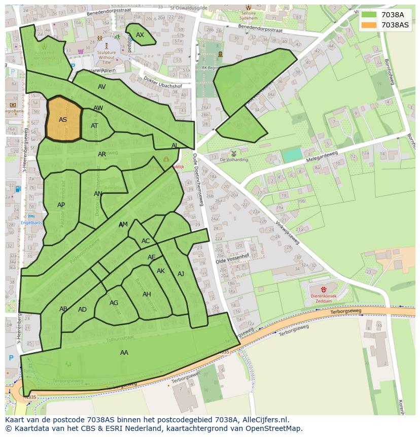 Afbeelding van het postcodegebied 7038 AS op de kaart.