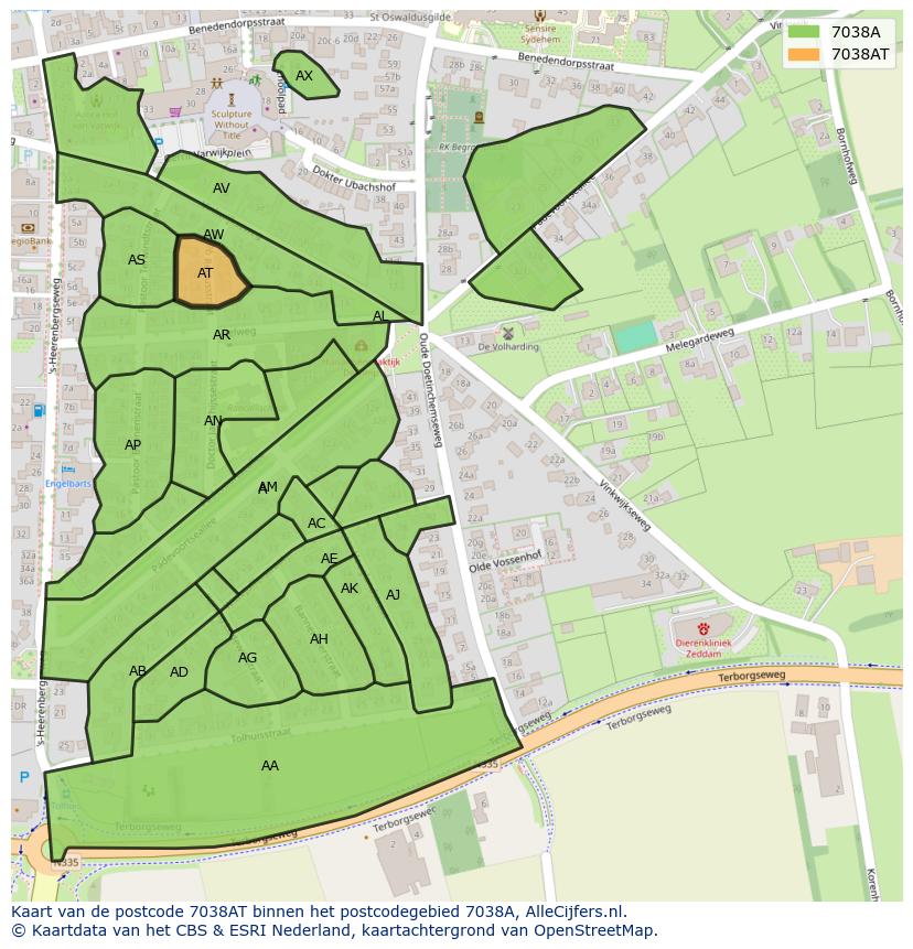 Afbeelding van het postcodegebied 7038 AT op de kaart.