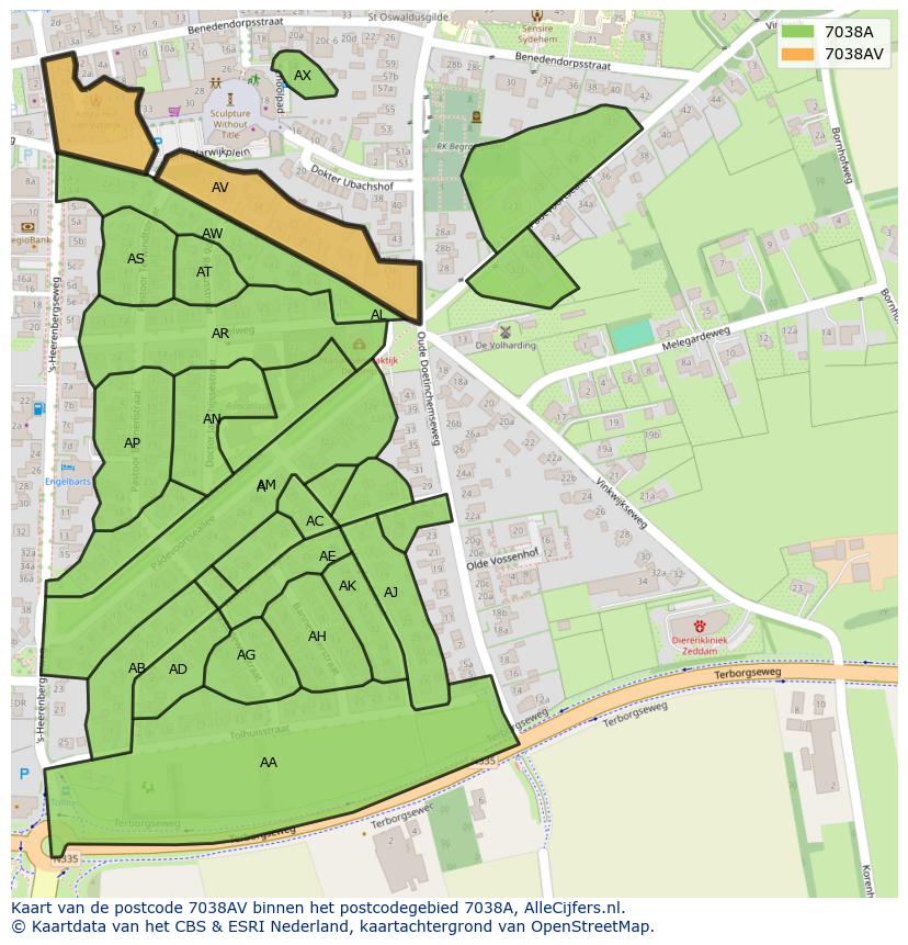 Afbeelding van het postcodegebied 7038 AV op de kaart.