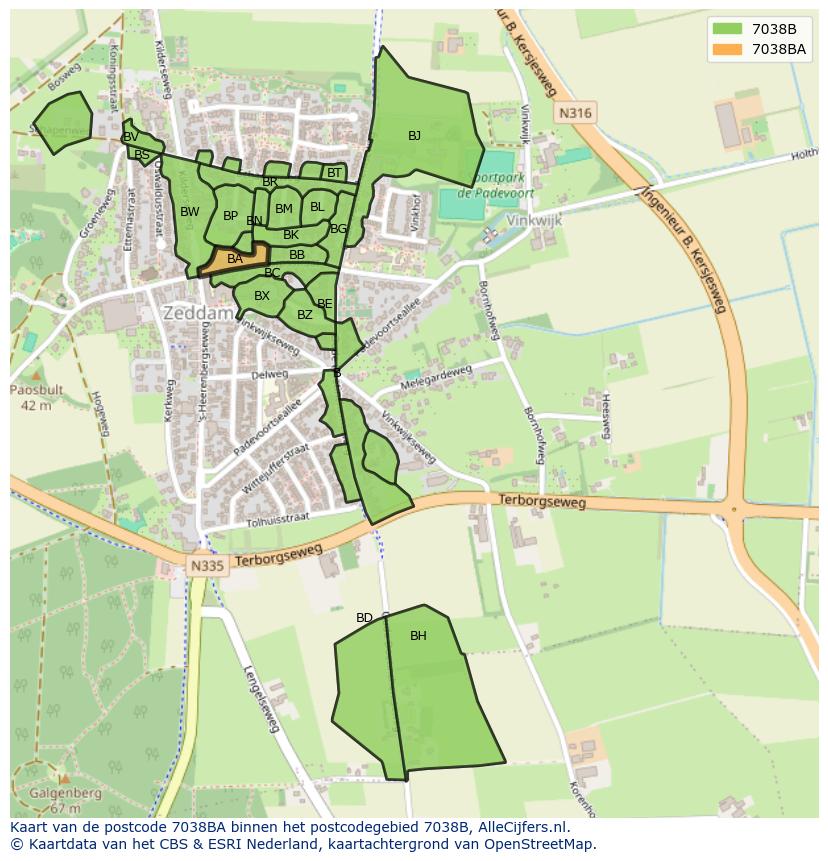 Afbeelding van het postcodegebied 7038 BA op de kaart.