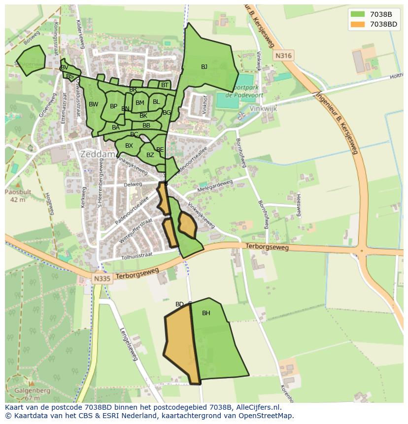 Afbeelding van het postcodegebied 7038 BD op de kaart.