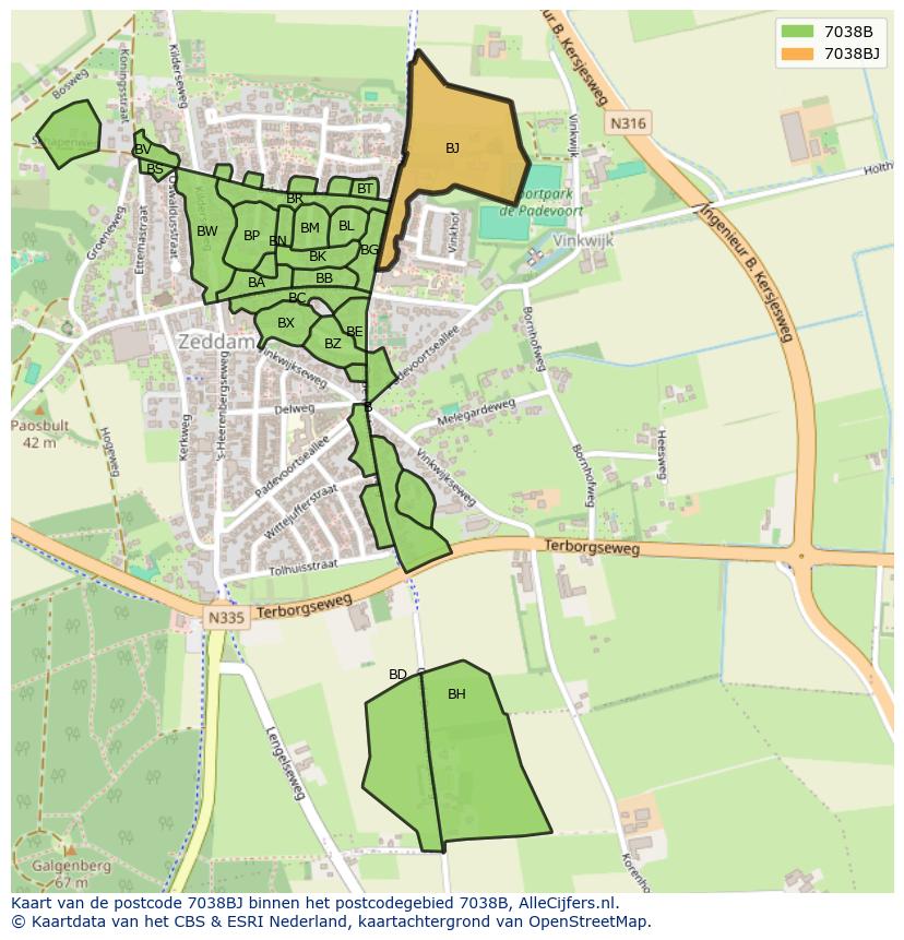 Afbeelding van het postcodegebied 7038 BJ op de kaart.