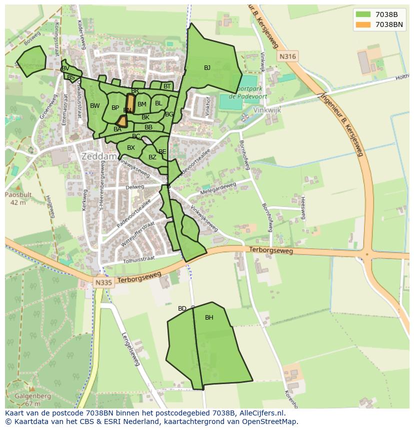 Afbeelding van het postcodegebied 7038 BN op de kaart.