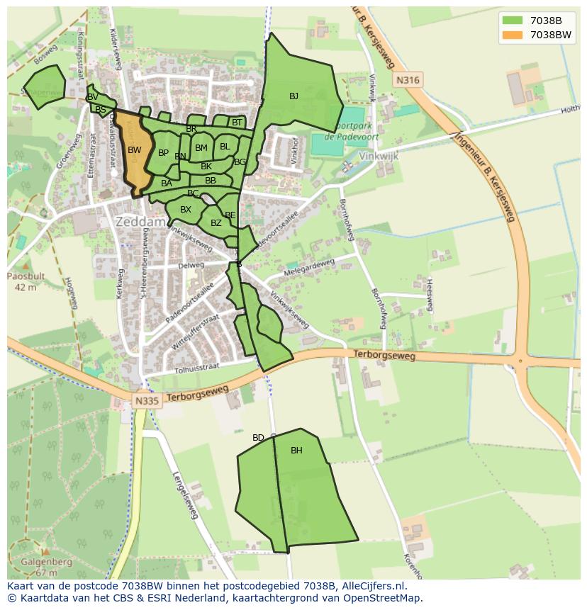 Afbeelding van het postcodegebied 7038 BW op de kaart.