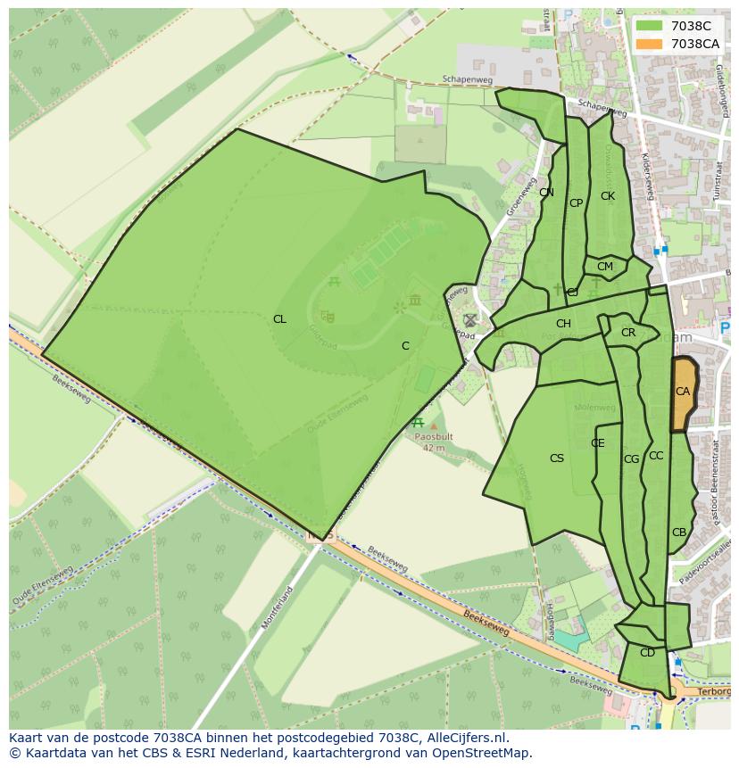Afbeelding van het postcodegebied 7038 CA op de kaart.