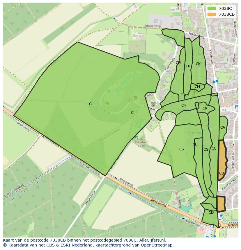Afbeelding van het postcodegebied 7038 CB op de kaart.