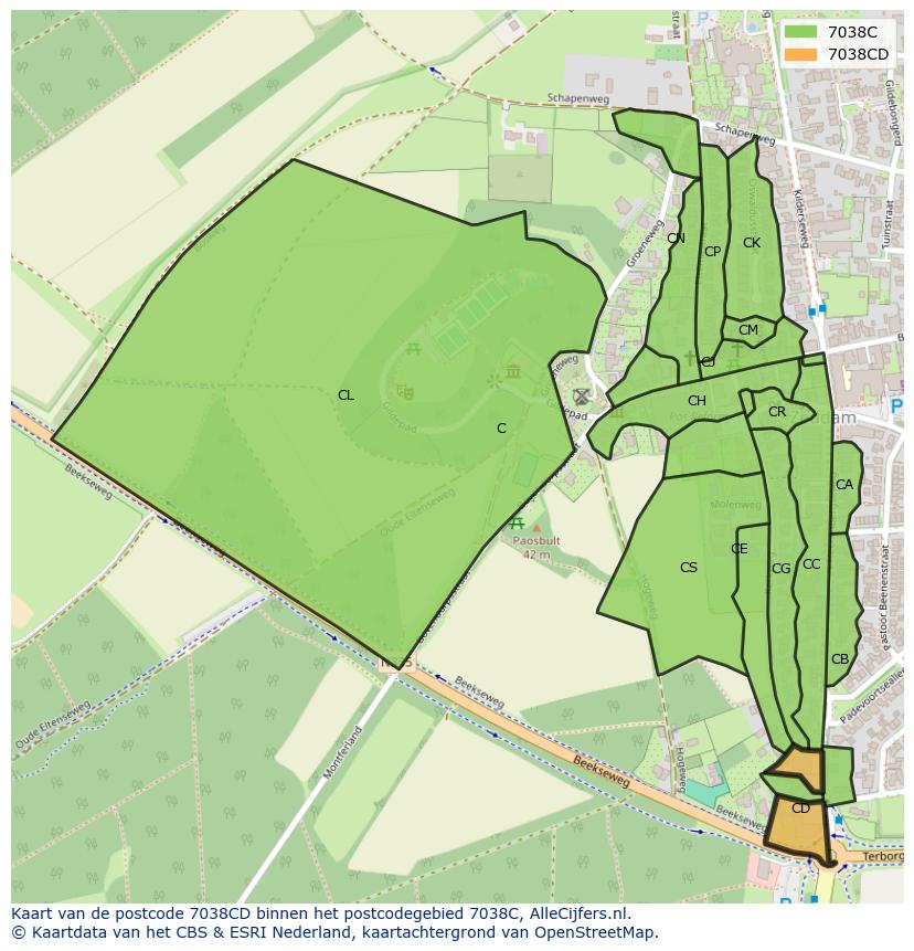 Afbeelding van het postcodegebied 7038 CD op de kaart.