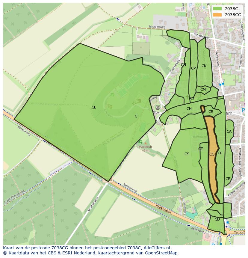 Afbeelding van het postcodegebied 7038 CG op de kaart.