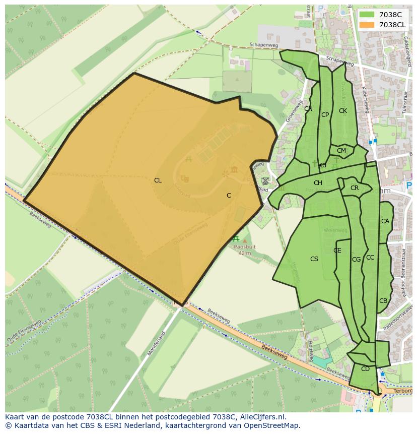 Afbeelding van het postcodegebied 7038 CL op de kaart.