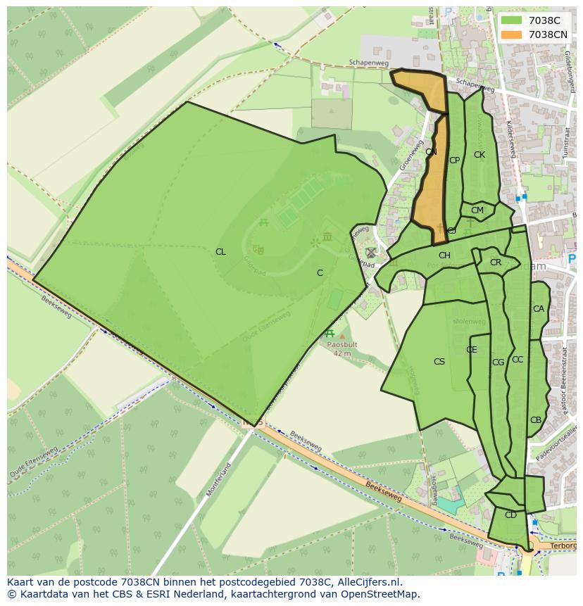 Afbeelding van het postcodegebied 7038 CN op de kaart.
