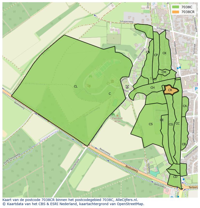 Afbeelding van het postcodegebied 7038 CR op de kaart.