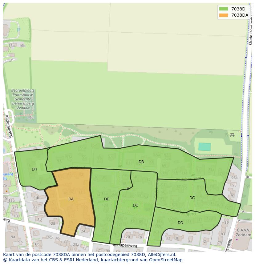 Afbeelding van het postcodegebied 7038 DA op de kaart.