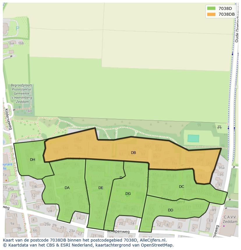 Afbeelding van het postcodegebied 7038 DB op de kaart.