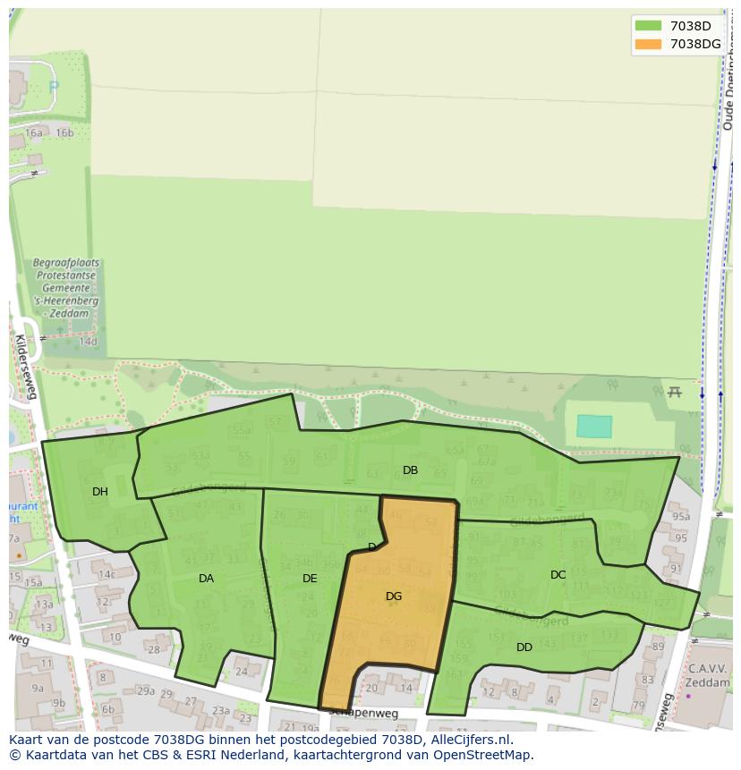 Afbeelding van het postcodegebied 7038 DG op de kaart.