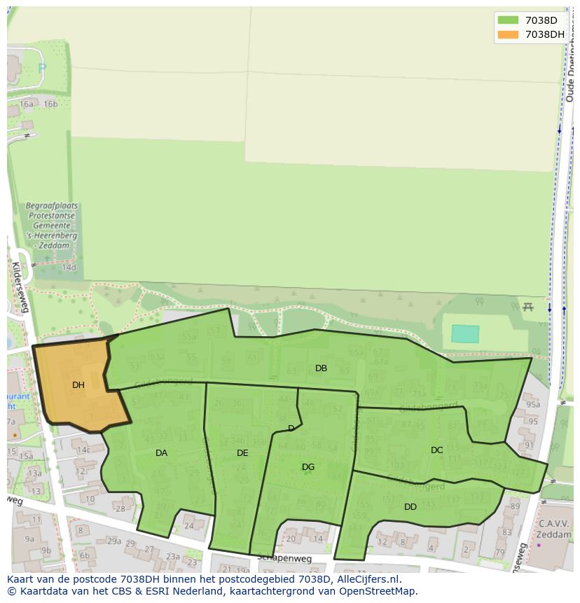 Afbeelding van het postcodegebied 7038 DH op de kaart.