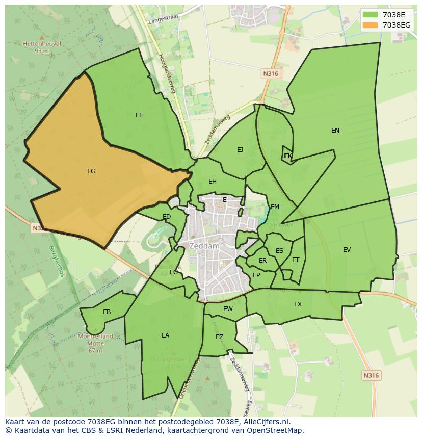 Afbeelding van het postcodegebied 7038 EG op de kaart.