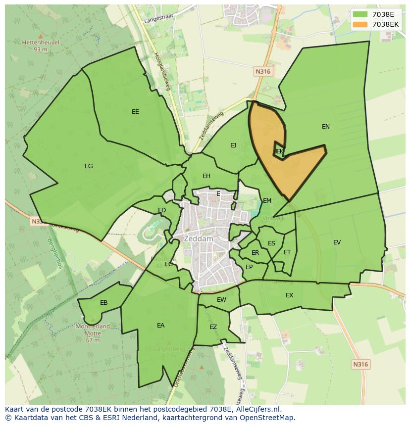 Afbeelding van het postcodegebied 7038 EK op de kaart.