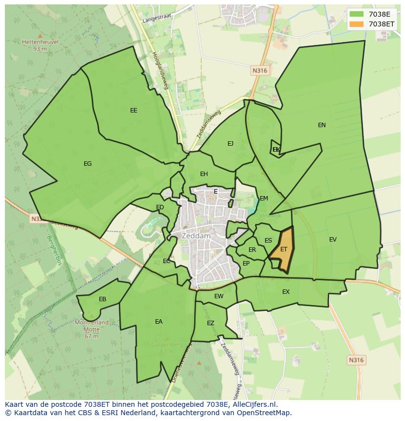 Afbeelding van het postcodegebied 7038 ET op de kaart.
