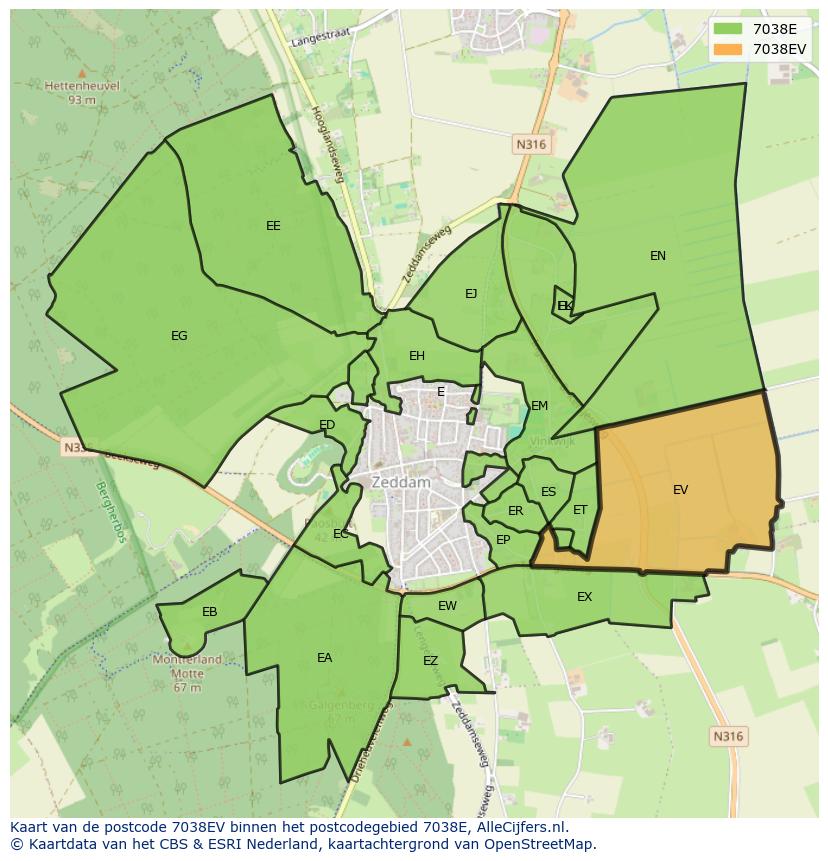 Afbeelding van het postcodegebied 7038 EV op de kaart.