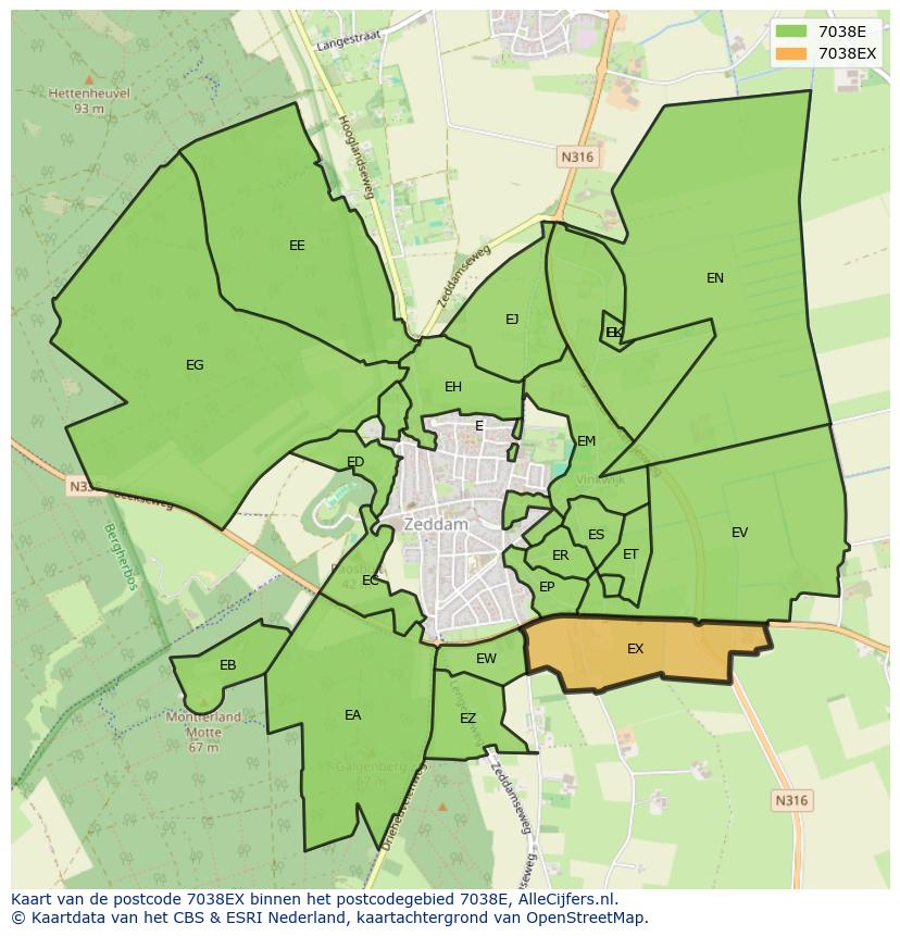 Afbeelding van het postcodegebied 7038 EX op de kaart.