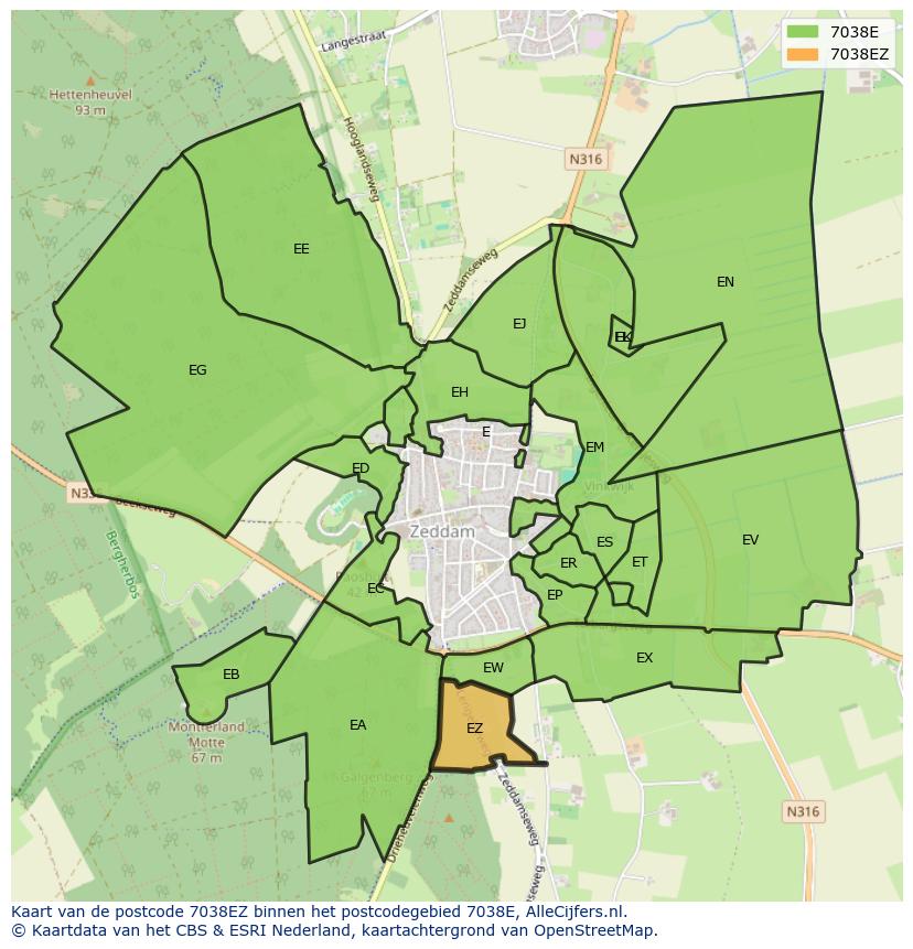 Afbeelding van het postcodegebied 7038 EZ op de kaart.