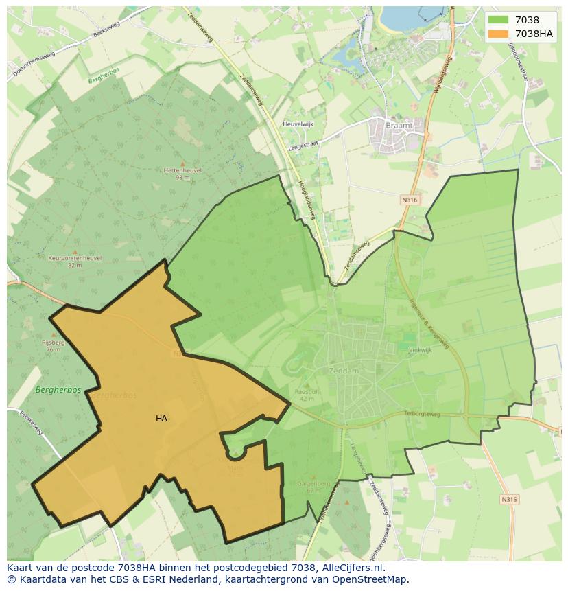 Afbeelding van het postcodegebied 7038 HA op de kaart.